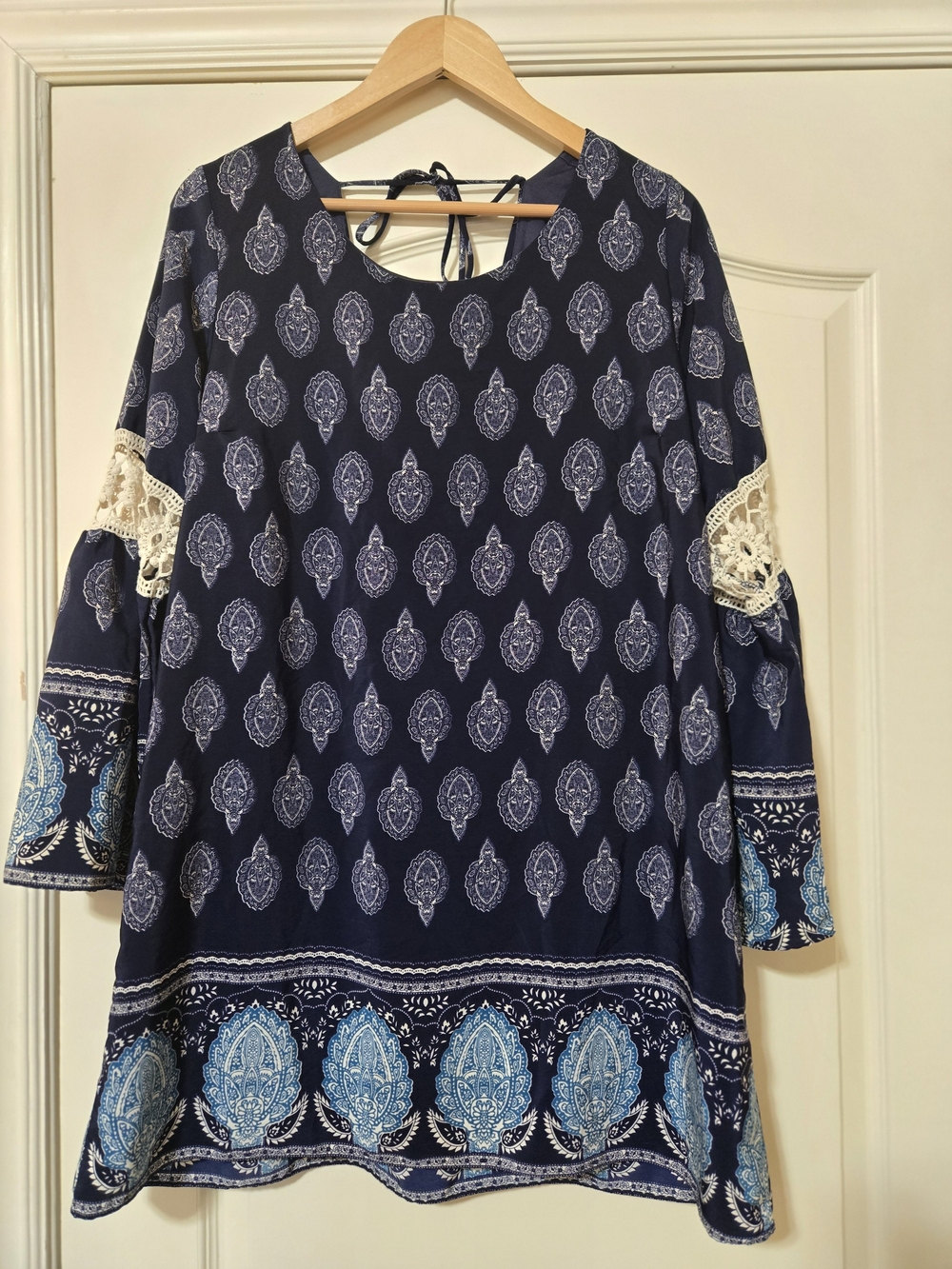 Ing Navy Tunic with Light Blue Paisley Print and Lace Trim